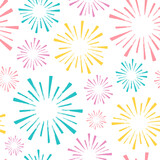 Seamless pattern with color fireworks isolated on white background. Hand drawn illustration. 