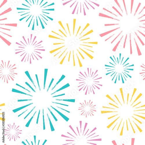 Seamless pattern with color fireworks isolated on white background. Hand drawn illustration. 