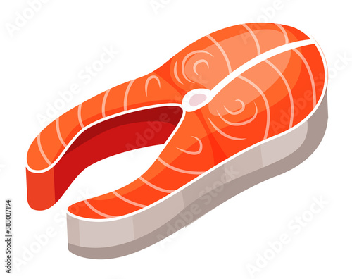 Fish steak vector. Salmon steak isolated on white background. Slice of fresh fish fillet sushi ingredient. Large fish meat delicacy. Seafood for a healthy diet. A piece of meat of red salmon fish