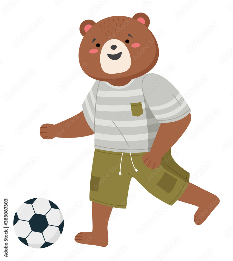 Cartoon bear with athletic suit kicking playing football, funny animal running with a soccer ball. Sporty bear dressed in shorts and t-shirt uniform plays an active game isolated on white background