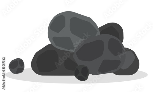 Pile of coal vector image isolated on white background. A bunch of black stones of various sizes. Heap of dark coal mineral rocks flat illustration with shadow. Industry fossil underground material