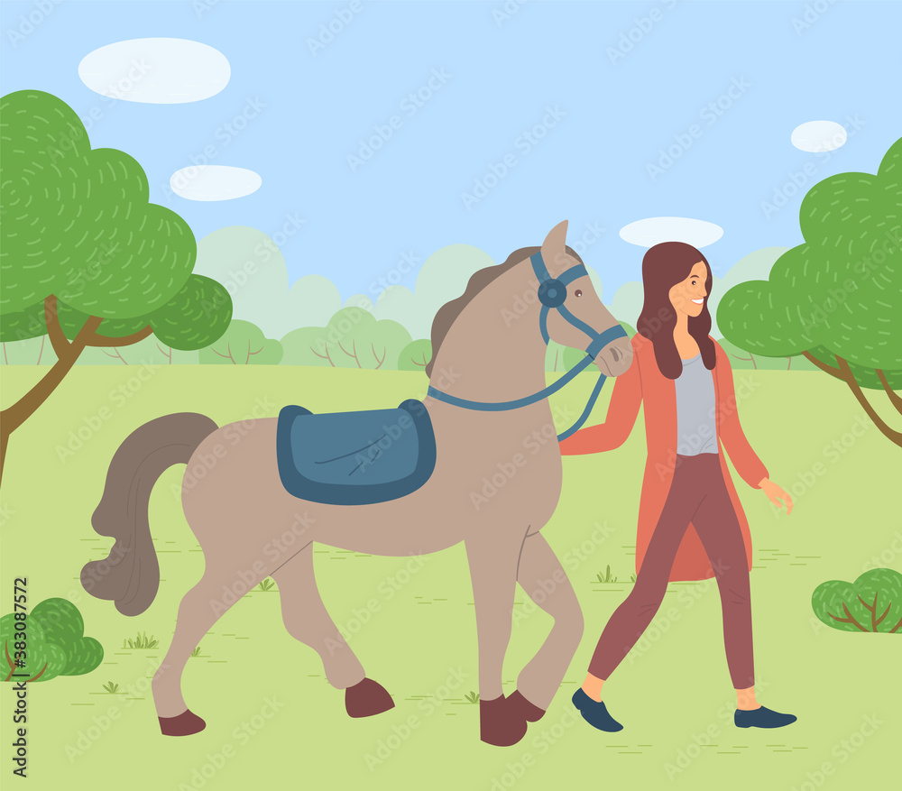 Naklejka premium Woman walking with horse in park, summertime. Smiling female rider going with stallion outdoor, woman and farm animal on ranch. Girl walking with horse with saddle and rein, engaging horseback riding