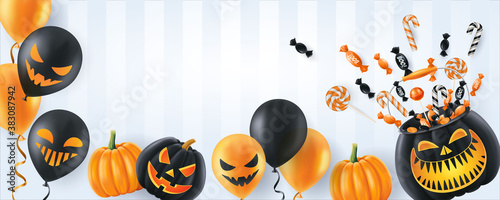 Halloween background, funny pumpkins. Greeting card for party and sale. Autumn holidays. Vector illustration EPS10.