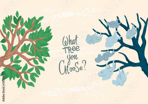 Green tree with leaves and tree with plastic bags. Vector illustration