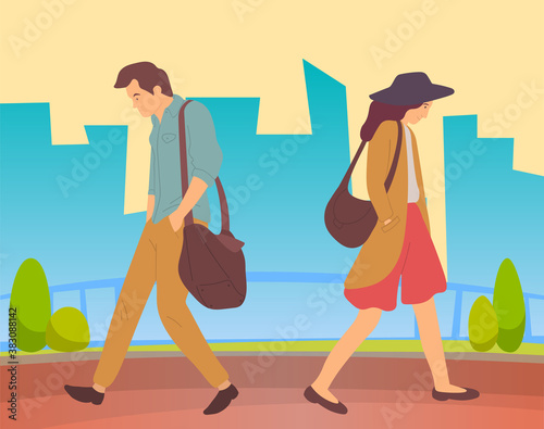 People walking in a city park. Sad tired young guy and thoughtful girl going in summer alley. Man and woman quarreled and offended. Walk after work in the open air, active lifestyle flat style