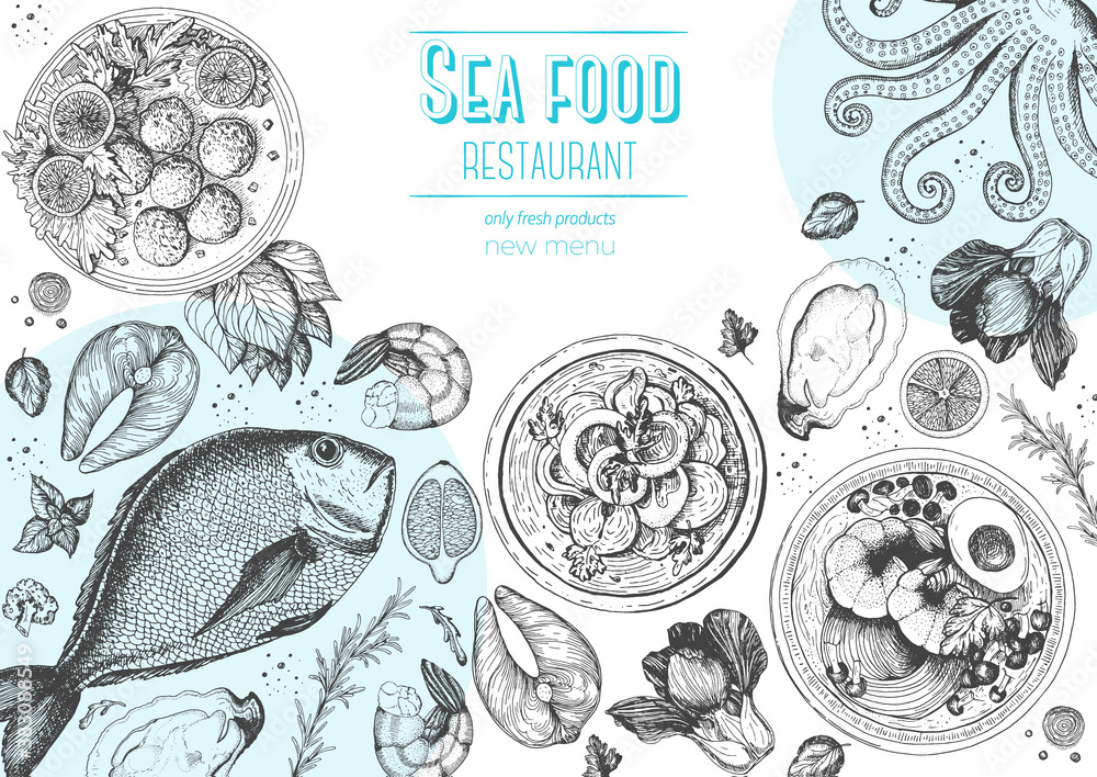 Vintage seafood frame vector illustration. Hand drawn with ink. Cooked ...