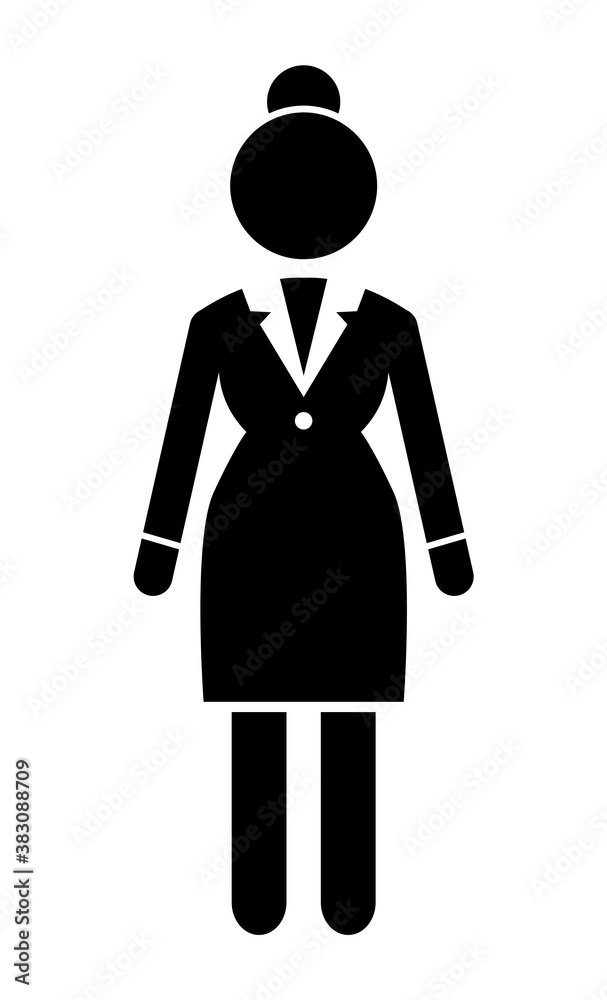 Vector business woman black silhouette. Lady dressed formally full length isolated on white background. Businesswoman wearing in dress code costume is standing straight hands down position