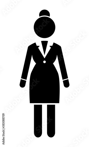 Vector business woman black silhouette. Lady dressed formally full length isolated on white background. Businesswoman wearing in dress code costume is standing straight hands down position