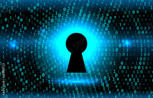 keyhole on the background Stream of binary matrix code on the screen. numbers of the computer matrix.
