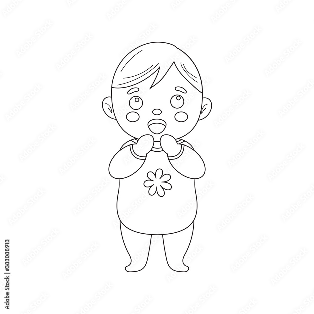 Cute little boy. Coloring page of outline sticker of little baby boy. Emblem of kid health. monochrome illustration. Cute little boy. Coloring page of outline sticker of little baby boy. Emblem of kid health. monochrome illustration.
