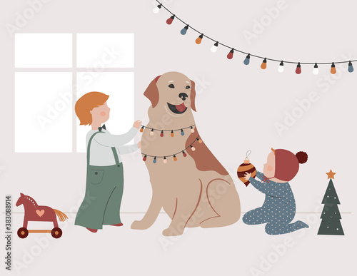 Vintage style cute Scandinavian winter kids. Boy and baby decorating a dog as a Christmas tree. Retro concept design. Vector illustration 