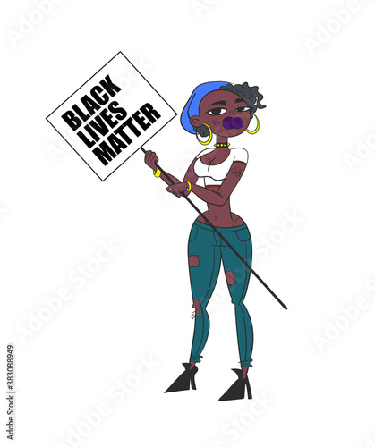 Poster with cartoon style young sexy girl. Black lives matter illustration design. Afro american girl in modern skyle. photo