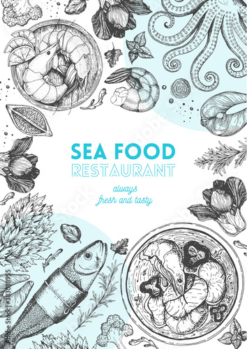 Vintage seafood frame vector illustration. Hand drawn with ink. Cooked shrimp, fish, octopus and vegetables. The dishes on the table top view. Engraved style image