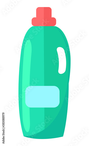 Bottle template blank package container vector illustration. Household chemicals green plastic bottle pack with handle, cleaning housework liquid domestic fluid cleaner isolated on white background