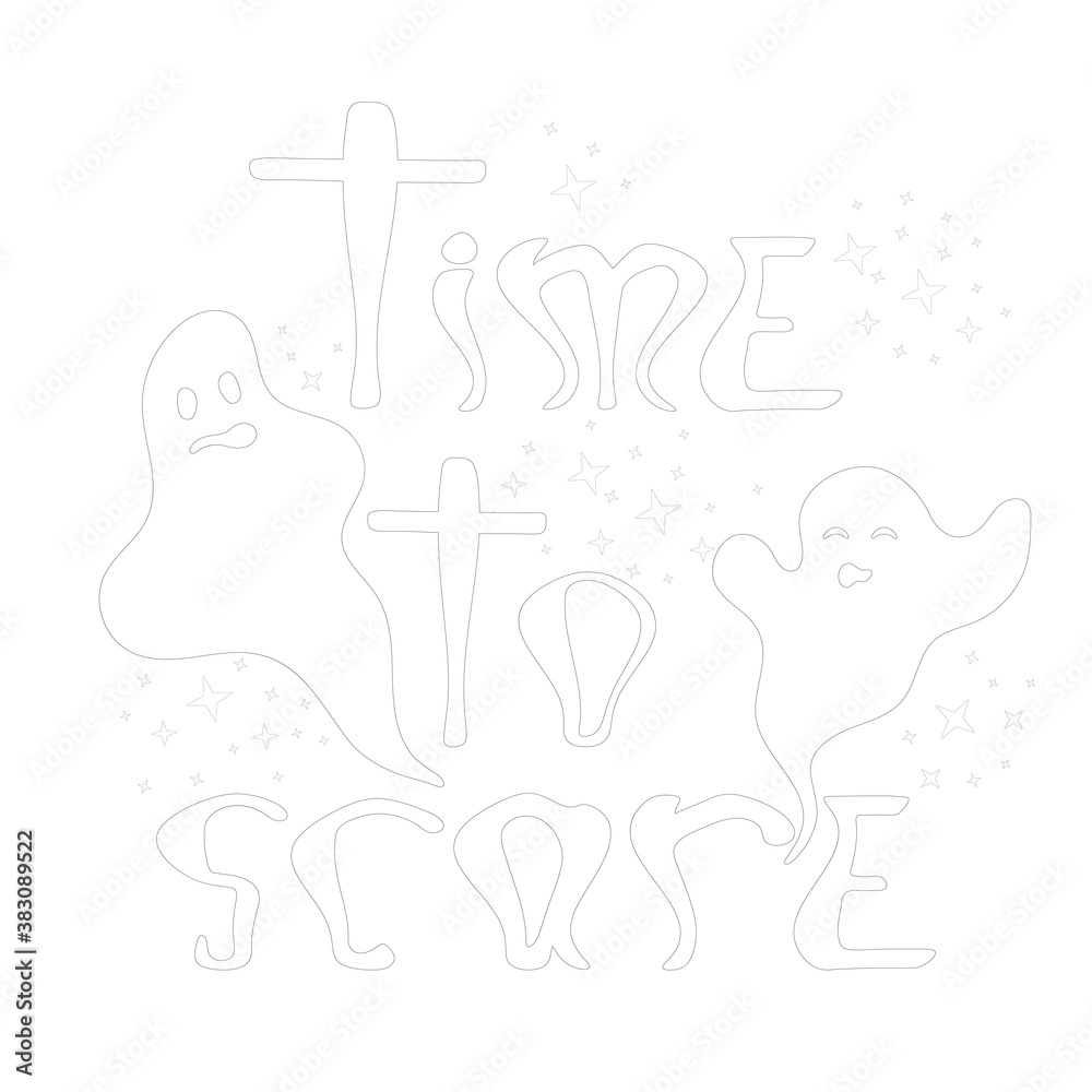 Time to scare coloring book page. Nice halloween party illustration with ghosts for anti stress drawing. Outline doodle poster for children activity, festival, party, leisure time. EPS10 Time to scare coloring book page. Nice halloween party illustration with ghosts for anti stress drawing. Outline doodle poster for children activity, festival, party, leisure time. EPS10