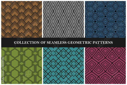 Collection of color seamless geometric patterns. Retro design - repeatable textile backgrounds
