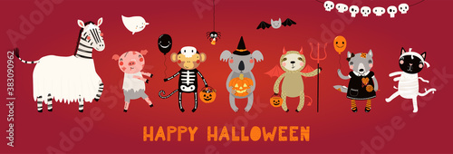 Obraz na płótnie Kids Halloween illustration, cute animals in party costumes, trick or treating