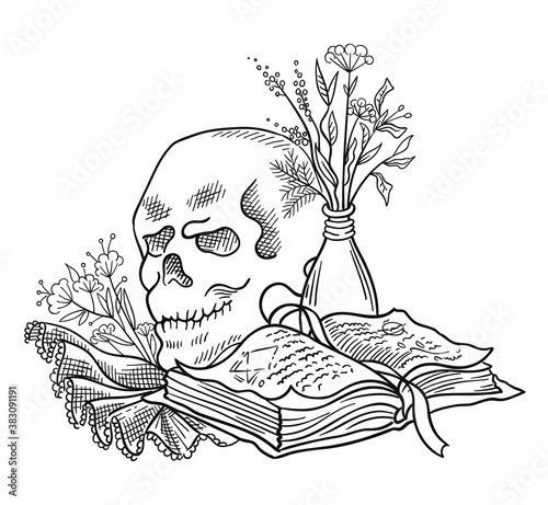 Human skull and a book with spells. Halloween witchcraft magic. Secret knowledge. Hand drawn sketch vector. Mystic and occult illustration.