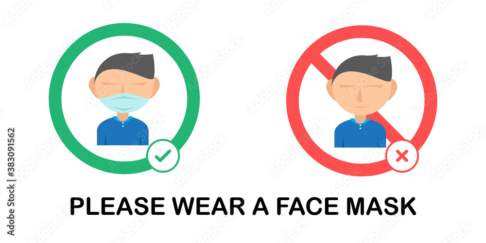 Symbol for the campaign to wear a mask in public areas to prevent the spread of coronavirus (COVID-19). Vector illustration of COVID-19. New normal hygiene concept.