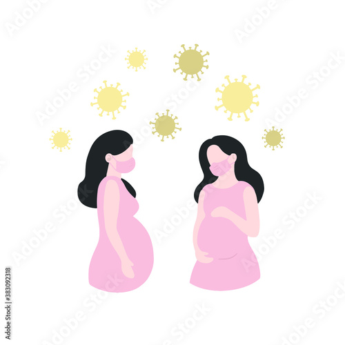 Pregnant woman wearing protective face mask against viruses. Young mother to be feeling ill from viral influenza disease. High risk group SARS or covid 19