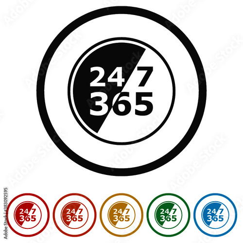 24 7 hours and 365 days ring icon, color set