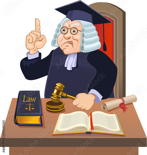 Angry judge with gavel makes verdict