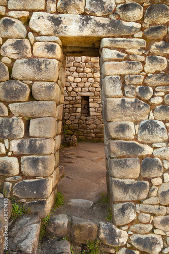 Architecture and details of the Inca constructions in the Huayna Picchu, Peru photo