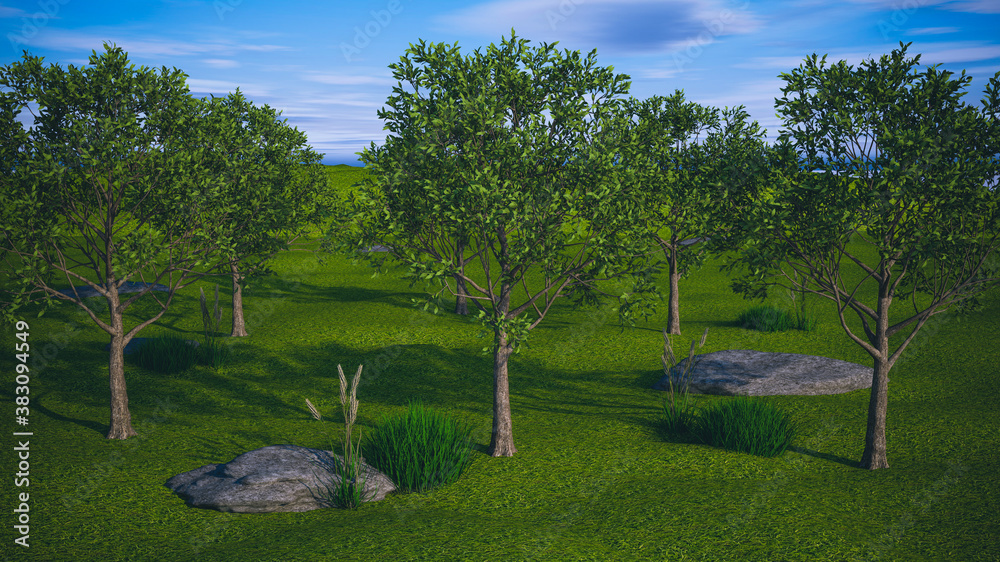 Fototapeta premium Fresh Green Scenery Landscape Nature Trees Fields On A Sunny Day 3D Illustration
