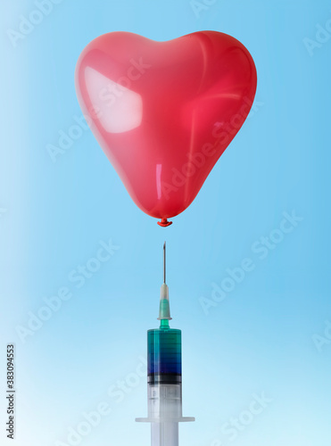Heart balloon floating above syringe needle showing the fragility of life and love