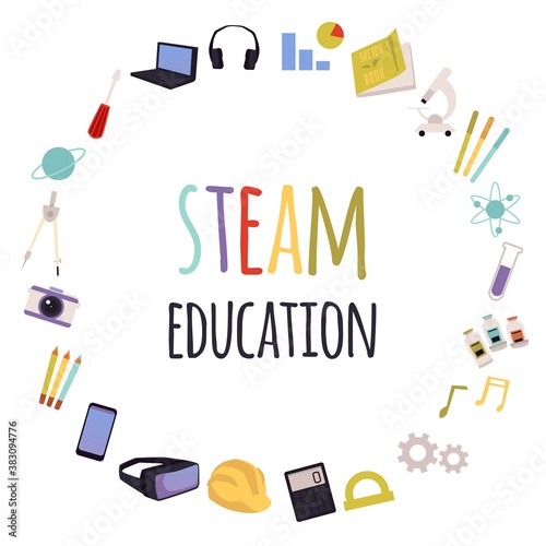 Vector banner with a set of steam education icons and an inscription
