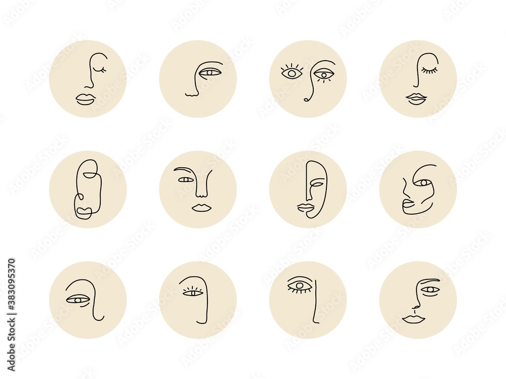 Abstract one line face set. Social media highlight stories with people doodle hand drawn face contemporary Matisse style. Vector art Abstract one line face set. Social media highlight stories with people doodle hand drawn face contemporary Matisse style. Vector art