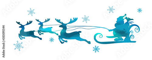 Blue Santa Claus in a sleigh rides on deer. Vector illustration