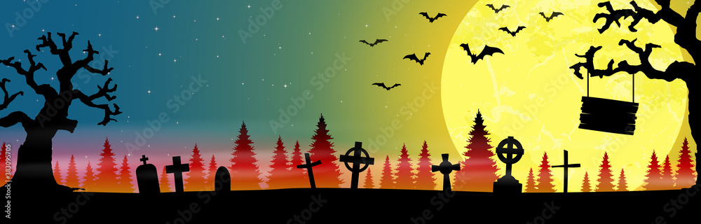 halloween cemetery in front of woodlands with full moon
