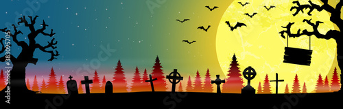 halloween cemetery in front of woodlands with full moon