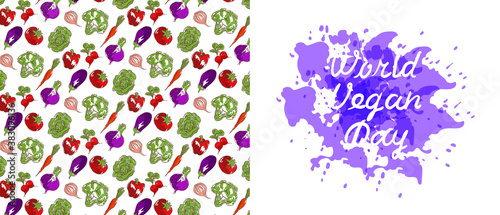 World vegan day hand-drawn vector illustration. Image Of the inscription vegan day surrounded by fruit on a watercolor spray