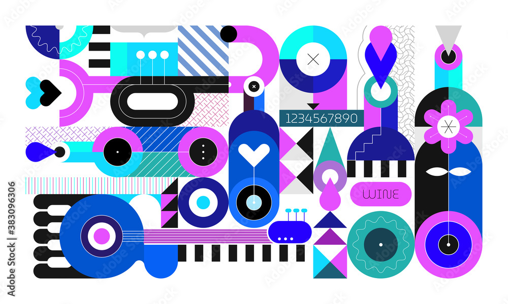 Abstract art design of wine bottles and music instruments isolated on a white background. Geometric style vector illustration. Abstract art design of wine bottles and music instruments isolated on a white background. Geometric style vector illustration.