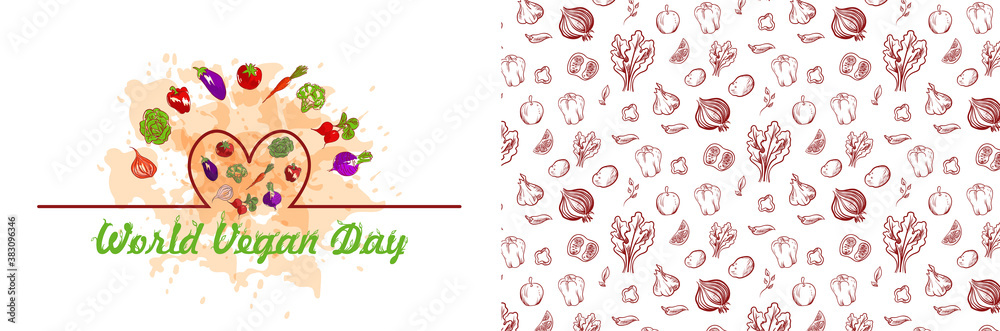 Fototapeta premium World vegan day hand-drawn vector illustration. Image Of the inscription vegan day surrounded by fruit on a watercolor spray and heart