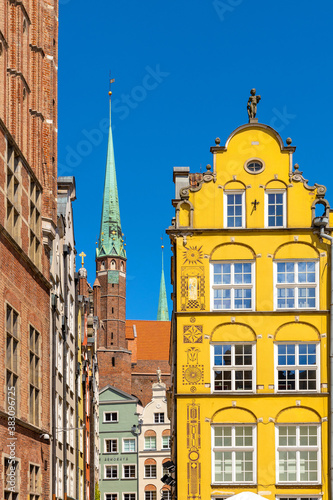 Pointed towers of St. Mary’s Basilica - Bazylika Mariacka - in back of Kramarska street in the historic old town city center quarter of Gdansk, Poland