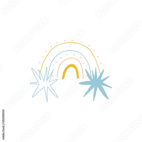 A delicate, elegant rainbow with beautiful, exquisite stars. Cartoon rainbow isolated on white background. Lines and dots create a unique rainbow vector stock illustration.