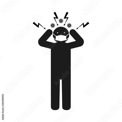 Silhouette of a man in a medical mask holds his head with his hands. Lightning bolts and coronavirus bacteria. The concept of stress and anxiety due to the covid epidemic. Vector illustration.