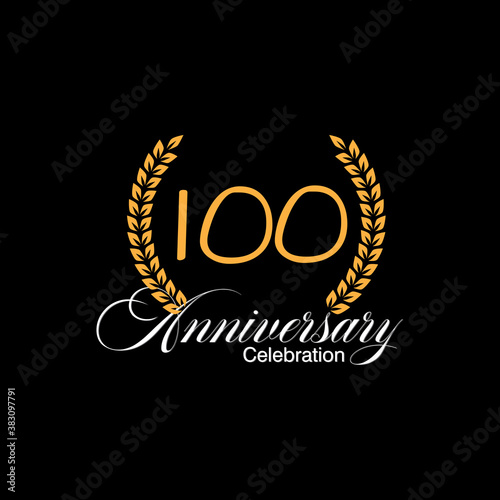 100 years old luxurious logo. Anniversary vector gold colored template framed of palms. Greetings ages celebrates. Celebrating laurel branches