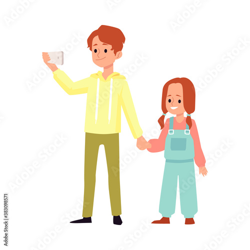 Brother and sister holding hands, flat cartoon vector illustration isolated