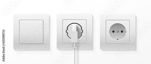 Realistic Detailed 3d Switch and Plugs inserted in Electrical Outlet Set. Vector