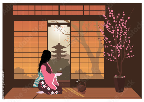 Woman in kimono conducts a traditional japanese tea ceremony.