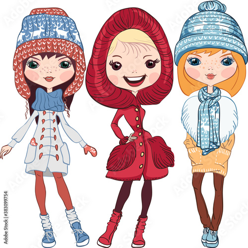Set of fashion hipster girl in a coat, knitted hats, scarves and mittens in winter