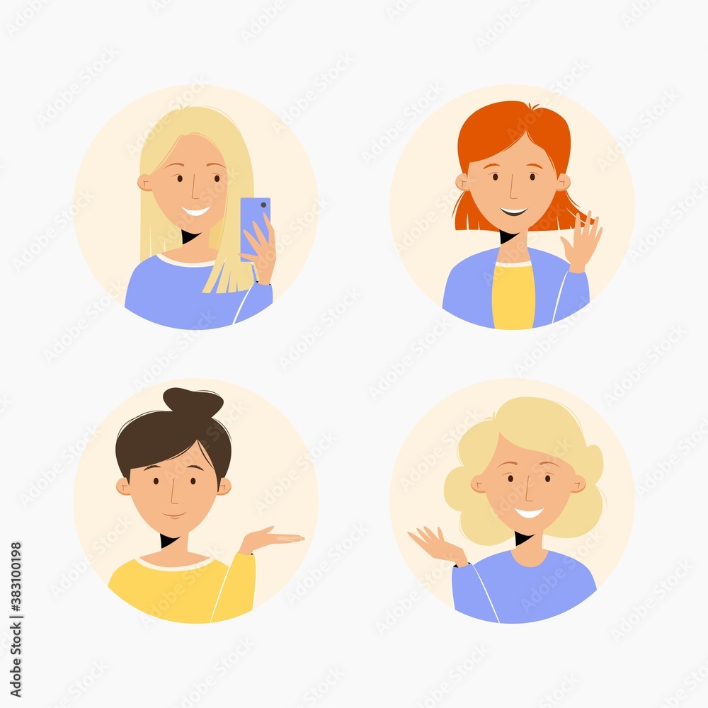 Set of avatar portraits with young women holding smarphone, waving with hand and other hand gestures in front view. Vector illustration in flat style
