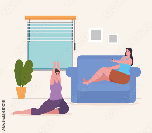 women doing yoga and with control at home design of Activity and leisure theme Vector illustration