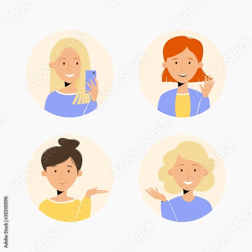 Set of avatar portraits with young women holding smarphone, waving with hand and other hand gestures in front view. Vector illustration in flat style