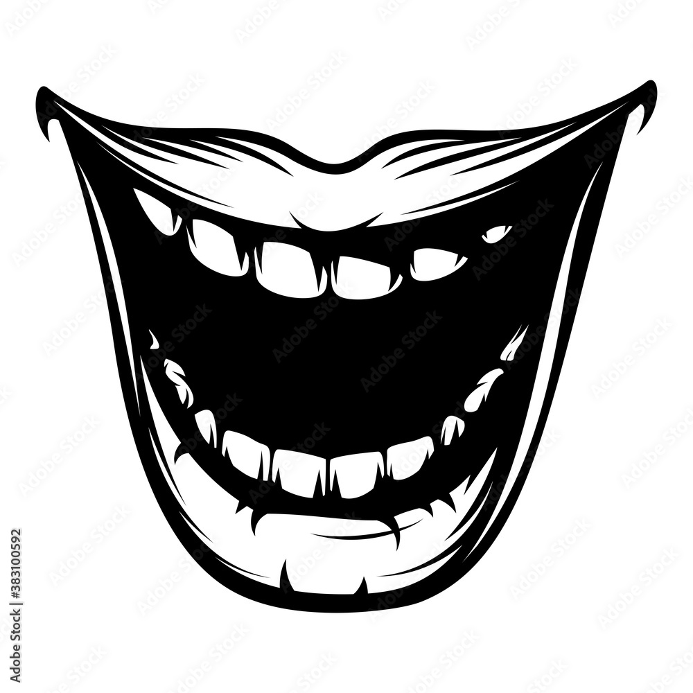 Open mouth with teeth and plump lips. Snide smiling mouth with jaw drop. Vector illustration in