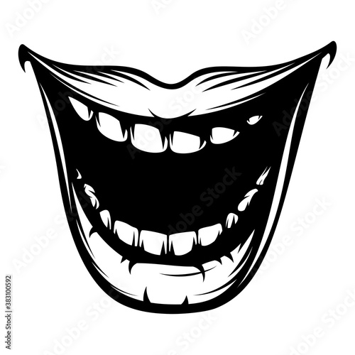Open mouth with teeth and plump lips. Snide smiling mouth with jaw drop. Vector illustration in vintage hand drawing black and white monochrome ink retro style for stamp  tattoo  t-shirt print design
